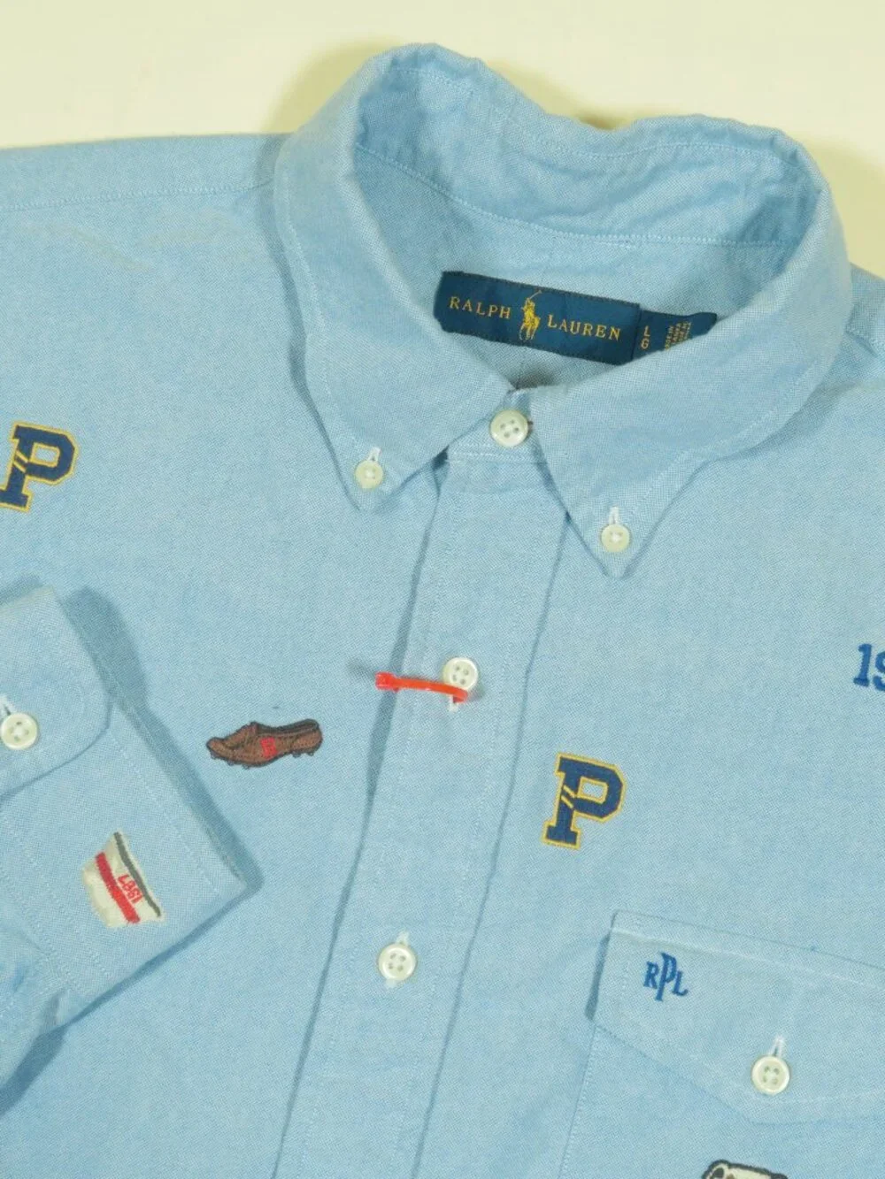 Polo Ralph Lauren Multi Embroidered OCBD Shirt Mens L Blue Oxford Cotton